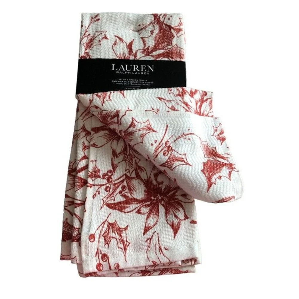 Ralph Lauren Kitchen Dish Towels Set of 2 Floral Christmas Poinsettia Red White